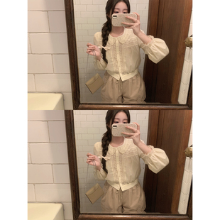 萌萌Ja 曼塔来信~甜美复古衬衫蕾丝泡泡袖衬衣淡奶黄全棉气质上衣