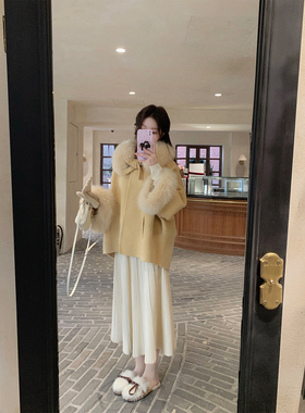 萌萌Ja 德堡梦露 杏黄色气质千金双面呢大衣宽松可拆卸真毛领外套