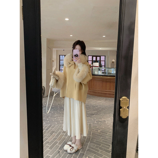 萌萌Ja 德堡梦露 杏黄色气质千金双面呢大衣宽松可拆卸真毛领外套