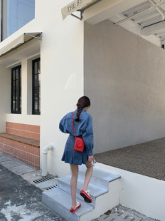 MMENGJA」复古时尚尖领休闲百搭牛仔衬衫高腰百褶半身裙套装女