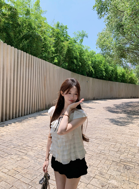 萌萌Ja 山茶白奈~白色轻薄气质上衣女小众蝴蝶结蛋糕荷叶边T恤夏