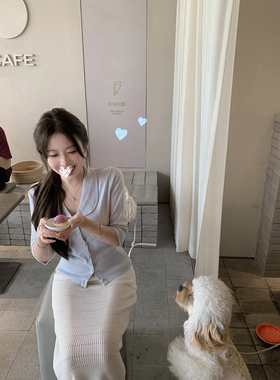 萌萌Ja 邻家白巧~简洁甜美湖蓝色娃娃领针织开衫温柔修身上衣女