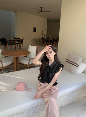 萌萌Ja 暗夜多伦多~法式千金黑色衬衫高级感重工木耳边小飞袖衬衣