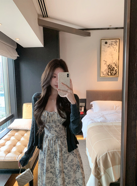 萌萌Ja 夜鸳桔梗~全棉收腰蝴蝶结碎花吊带连衣裙休闲显瘦长裙女秋