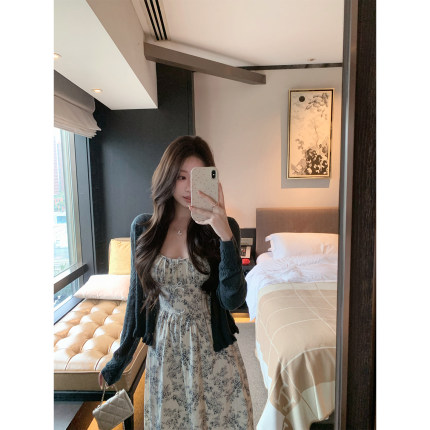 萌萌Ja 夜鸳桔梗 全棉收腰蝴蝶结碎花吊带连衣裙显瘦长裙针织开衫