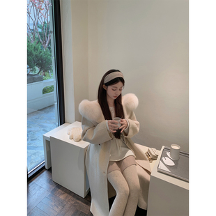 萌萌Ja 初雪暖阳~阿尔巴卡超大毛领双面呢大衣连帽外套女秋冬