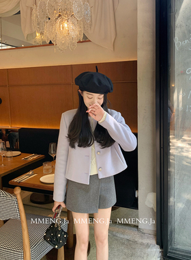 MMENGJA」风的颜色 蓝紫色正肩圆领羊毛外套女百搭收腰短款上衣女