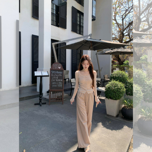 蕾丝花边拼接直筒阔腿裤 萌萌Ja 长裤 两色棉麻绑带休闲裤 莫桑画室