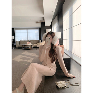 坑条鱼尾裙套装 萌萌Ja 修身 气质千金圆领针织开衫 秋冬 摩卡焗松果