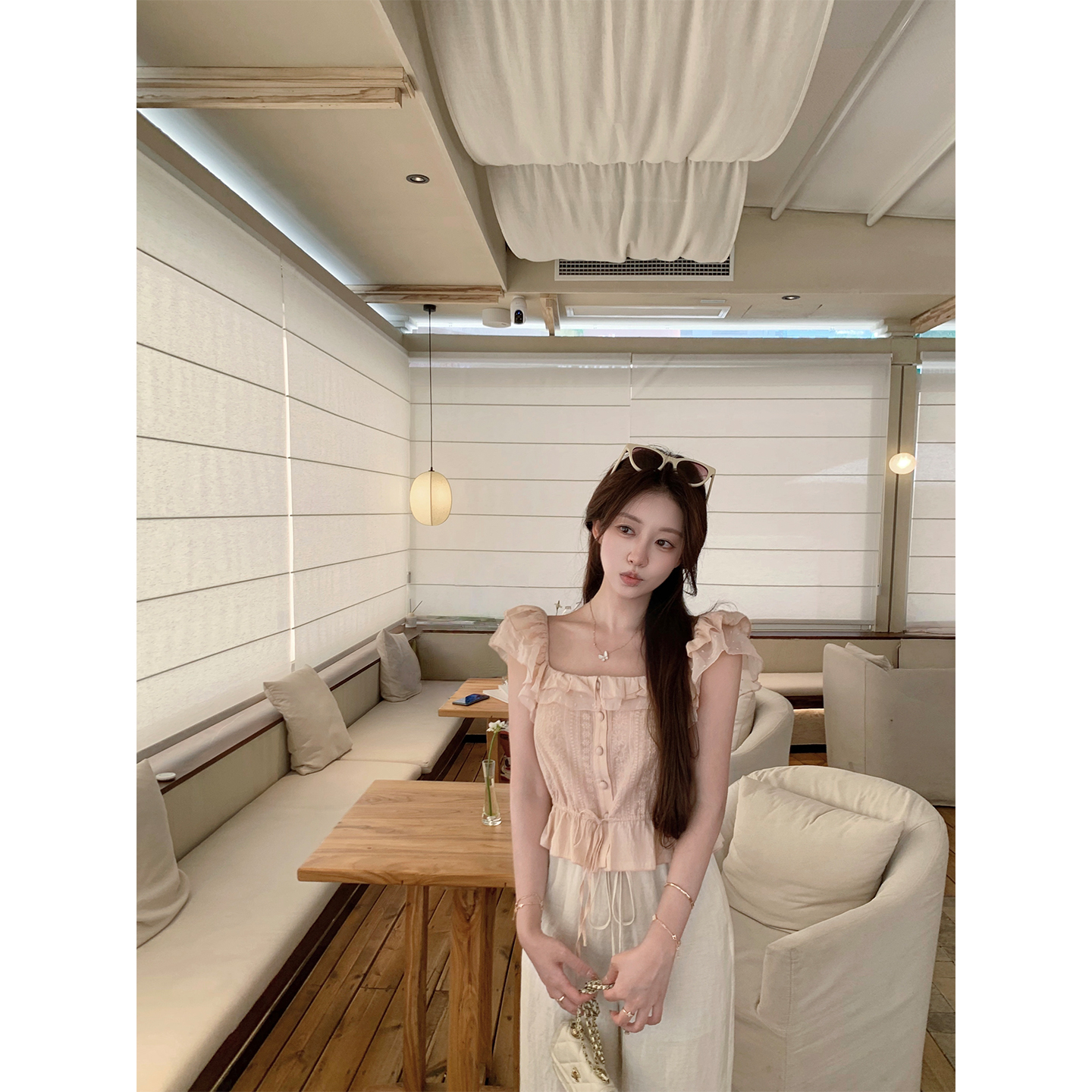 萌萌Ja纯棉短袖系带小飞袖上衣