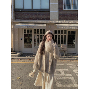 外套 萌萌Ja 麦莉贝落 燕麦色慵懒氛围纹理感针织大开衫 上衣女秋季