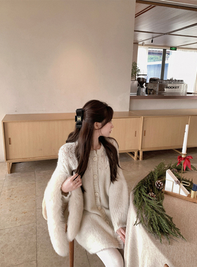 萌萌Ja 浪漫解构~两色重工镂空钩花连衣裙温柔甜美针织开衫毛衣女