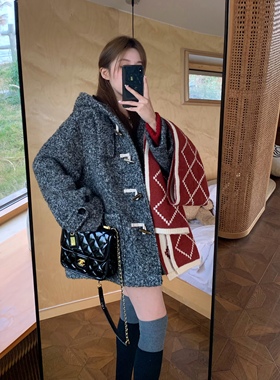 萌萌Ja」麻瓜学校 灰色牛角扣连帽外套女中长款羊毛呢高级感大衣