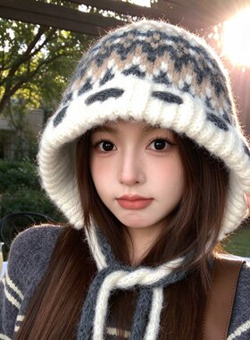 帽子女款秋冬费尔岛风复古提花针织帽防寒保暖护耳显脸小毛线帽