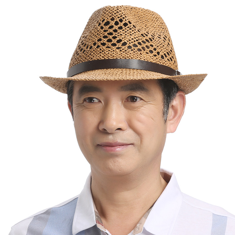 中老年人草帽男士夏季中年爸爸爵士帽老人户外遮阳帽手工编织礼帽