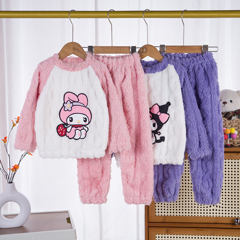 儿童珊瑚绒睡衣女孩秋冬季加厚款法兰绒中大童亲子母女家居服套装