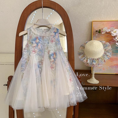 女童夏装连衣裙2025新款亮片无袖网纱裙儿童洋气公主夏季背心裙子
