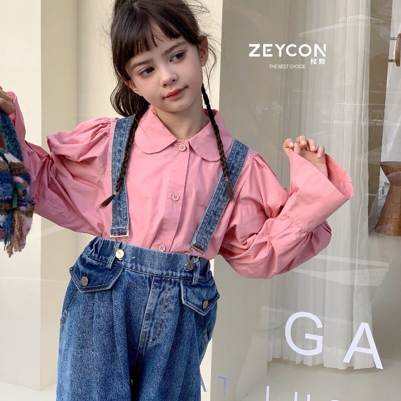 ZEYCON择颗女童纯棉衬衫春秋款白色韩粉色设计感公主袖长袖开衫