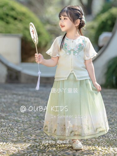 ouba女童汉服马面裙套装圆领刺绣蝴蝶上衣半裙两件套国风端午中秋