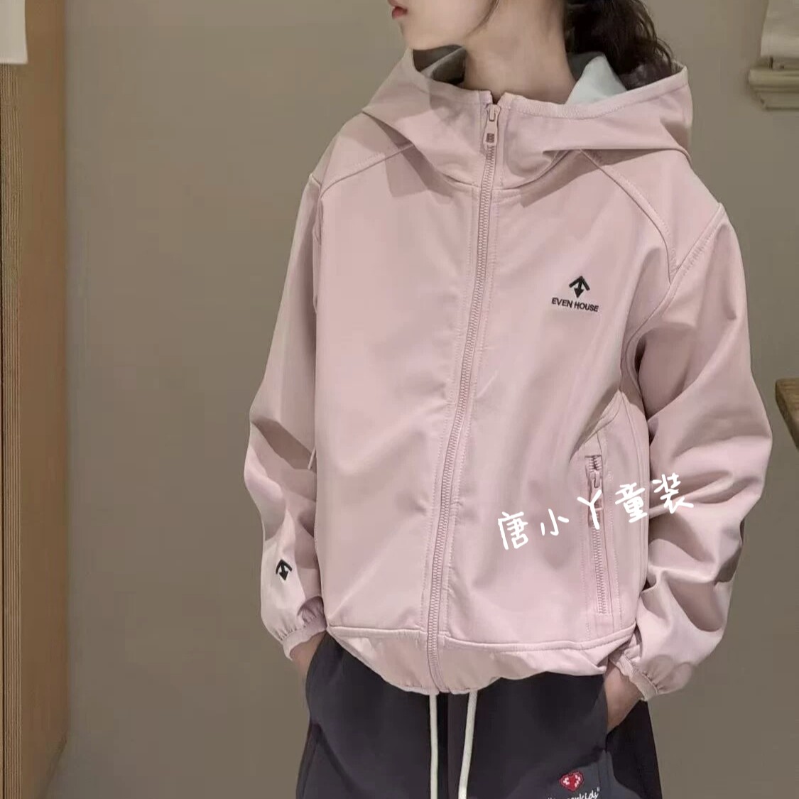 亲子连帽外套春秋韩粉色箭头韩版宽松中大童休闲拉链卫衣青少年z
