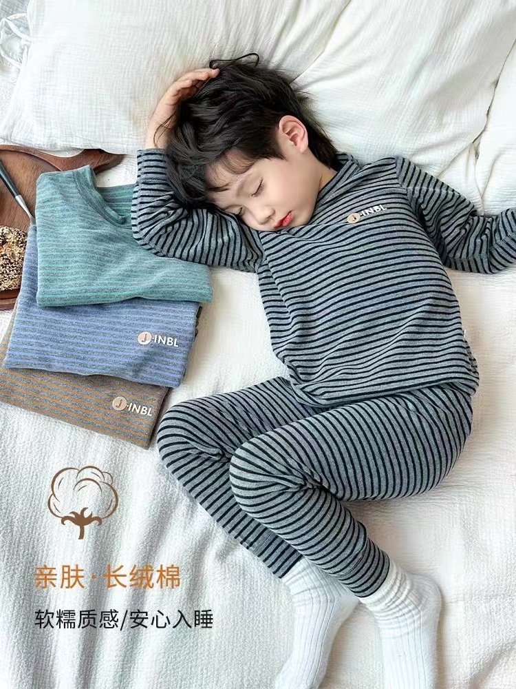 金豆角亲子舒绒棉家居服套装云朵棉磨毛条纹秋衣秋裤加厚320g