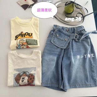 安格品牌中大童超薄牛仔中裤送腰包夏款柔软韩版宽松五分裤男女童