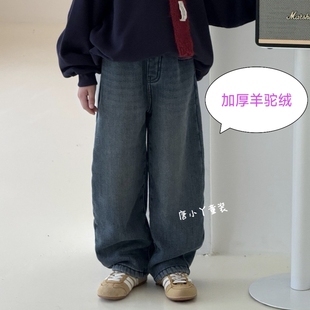 亲子加绒加厚老爹牛仔裤 男女童青少年一条过冬 羊驼绒弯刀裤