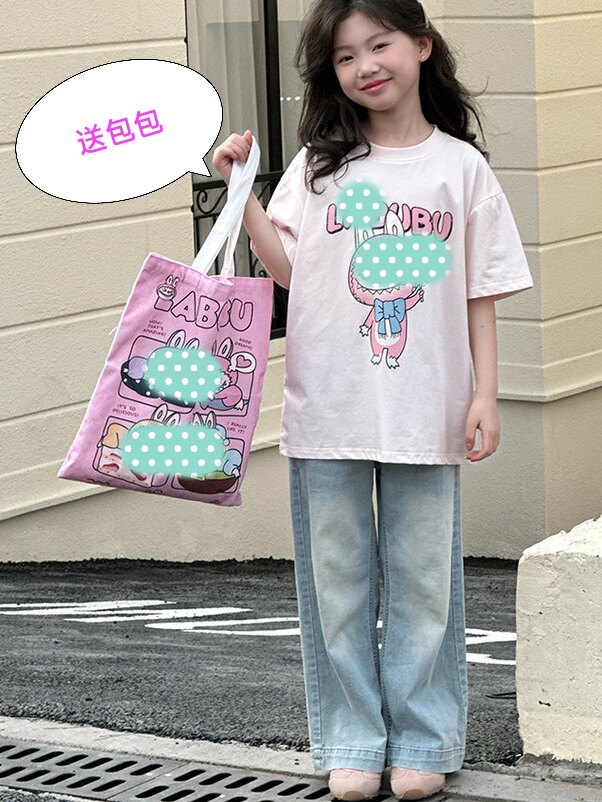 女童卡通拉布T恤送包包labu半袖韩版宽松白色粉色短袖中大童y
