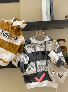 houli男童连帽卫衣春秋款灰色宽条纹五角星卫衣韩版毛圈棉长袖