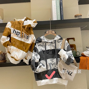 houli男童连帽卫衣春秋款灰色宽条纹五角星卫衣韩版毛圈棉长袖