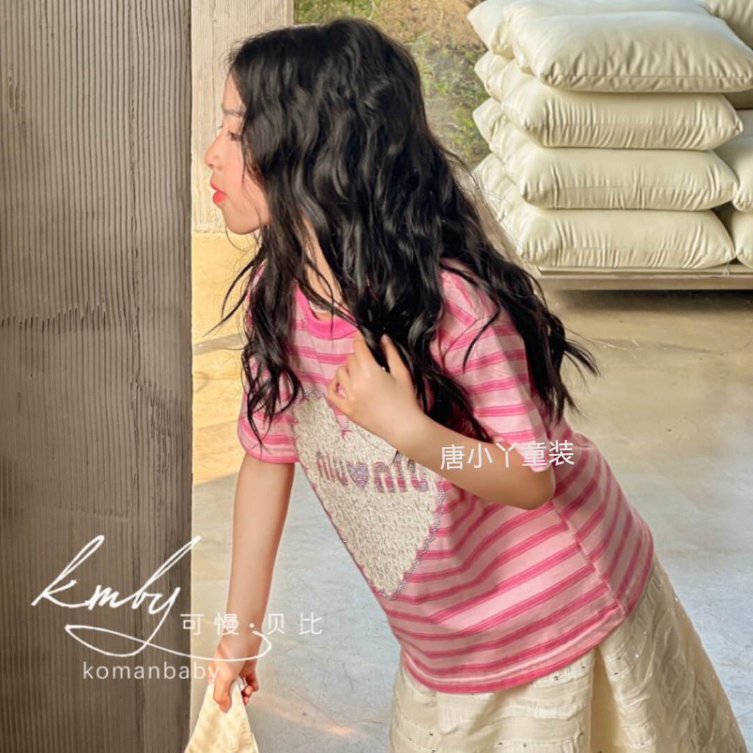 可慢女童T恤粉色条纹镶钻爱心韩版宽松纯棉工艺短袖洋气女大童