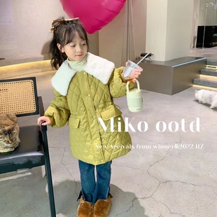 miko羊羔毛翻领收腰棉服外套芥末绿洋气女童夹棉中长款