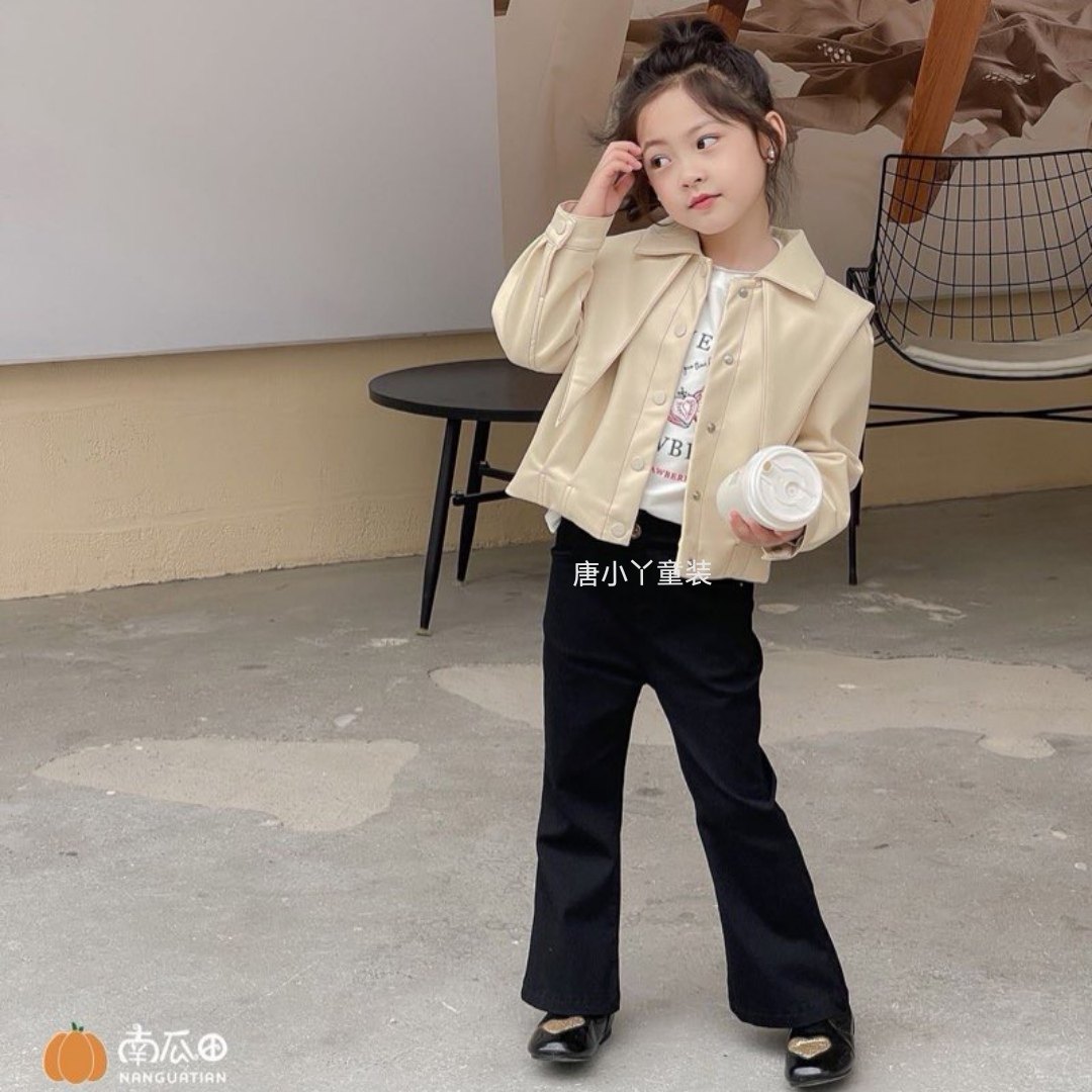 南瓜田女童皮衣外套春秋款pu蛋白皮米杏色韩系尖尖领帅气夹克大童