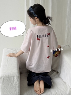 女童刺绣kitty猫T恤纯棉白色粉色短袖设计感蝴蝶结夏中大童青少年