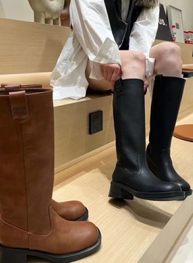 2025新款不过漆复古真皮高靴中跟女靴烟筒靴薄绒套筒长靴57016