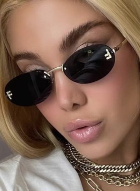 防紫外线无框椭圆形男女字母墨镜