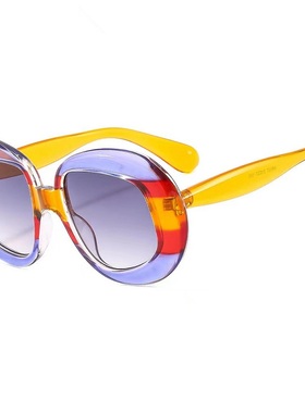 新款个性欧美潮撞色椭圆不规则男女墨镜时尚彩色户外街拍太阳眼镜