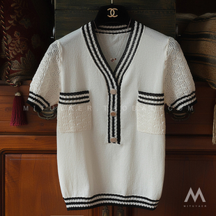 冒泡－法式 2019新款 腔调 口袋针织衫 小香风优雅撞色V领短袖 美