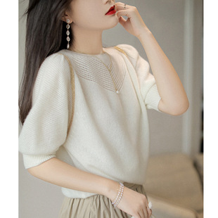 羊绒针织衫 圆领烫金边镂空网格泡泡袖 女 新款 欧洲站2021秋季