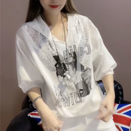 欧货韩版连帽插肩袖重工烫钻印图女上衣衬衫宽松显瘦修身百搭潮款