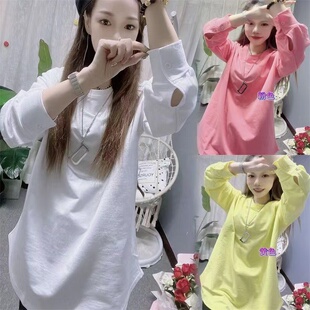 中长款 早春新款 糖果色韩版 长袖 纯色女上衣宽松显瘦百搭卫衣潮 韩版