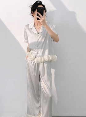 睡衣女款2025新款夏短袖长裤纯色花边家居服冰丝蝴蝶高级感甜美