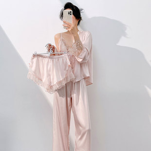 新款甜美公主睡衣女四件套春夏长袖冰丝绸纯欲吊带性感镂空家居服