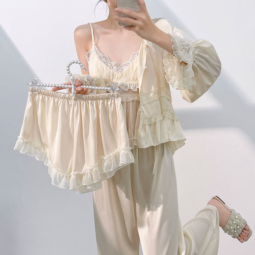 春季薄款甜美公主风睡衣女四件套