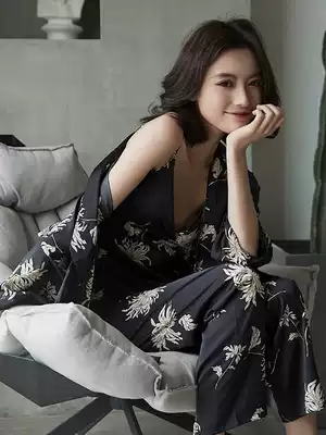 2021 new pajamas Women's Spring and Autumn long sleeve four-piece Net red sexy kimono ice silk pajamas ladies summer