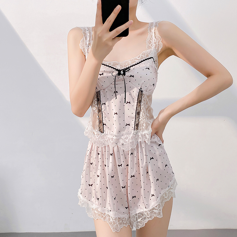 甜美冰雪丝吊带短裤睡衣女两件套