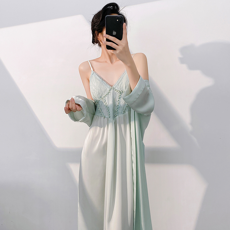 春夏新款冰雪丝吊带睡裙两件套