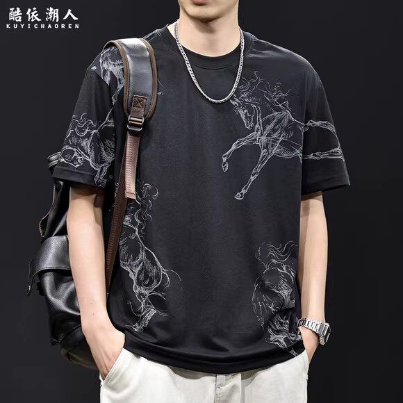 2026马年亚麻印花男宽松T恤