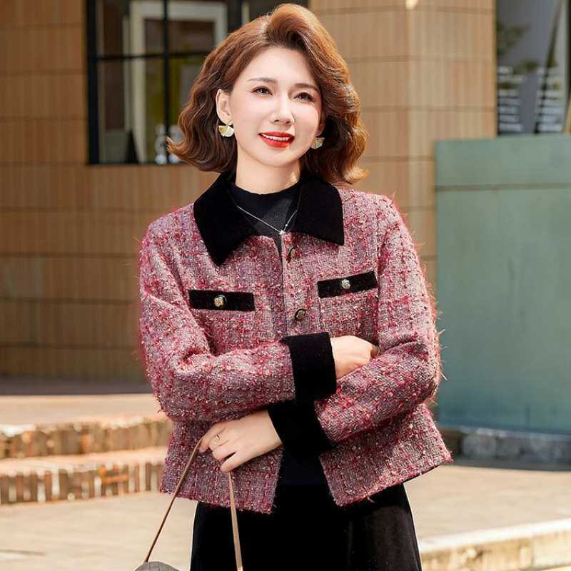 官方秋季小香风撞色翻领短上衣女中老年人妈妈装洋气显瘦时尚外套