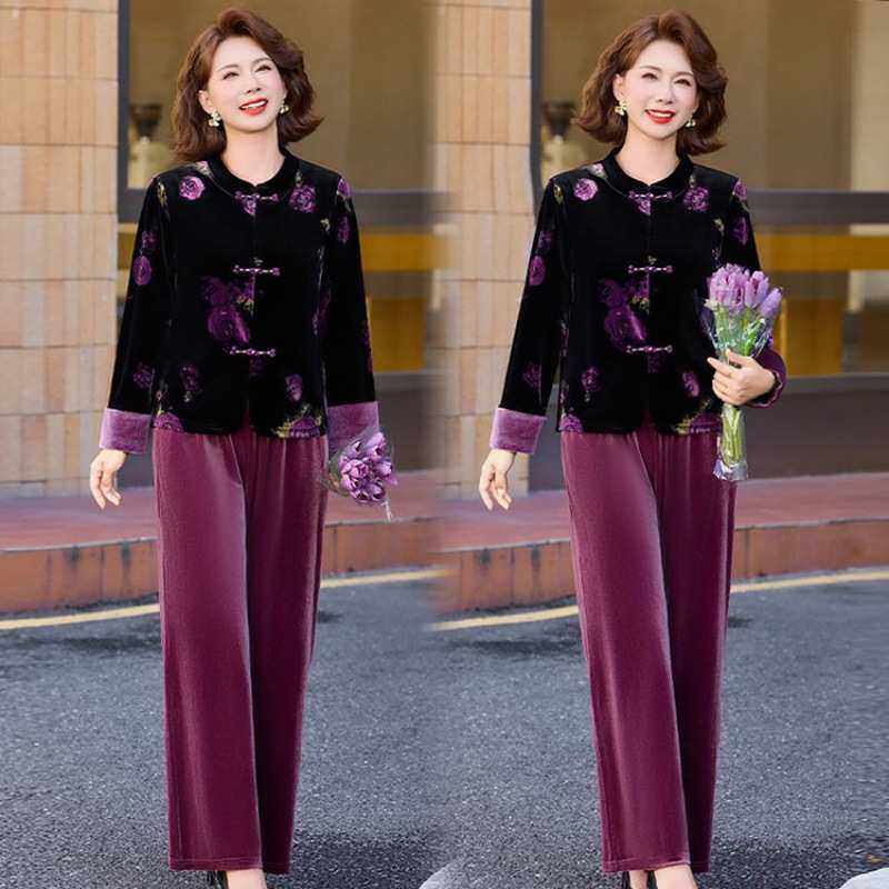 官方端庄大气妈妈衣服秋装国风洋气金丝绒外套中老年女装春秋时尚